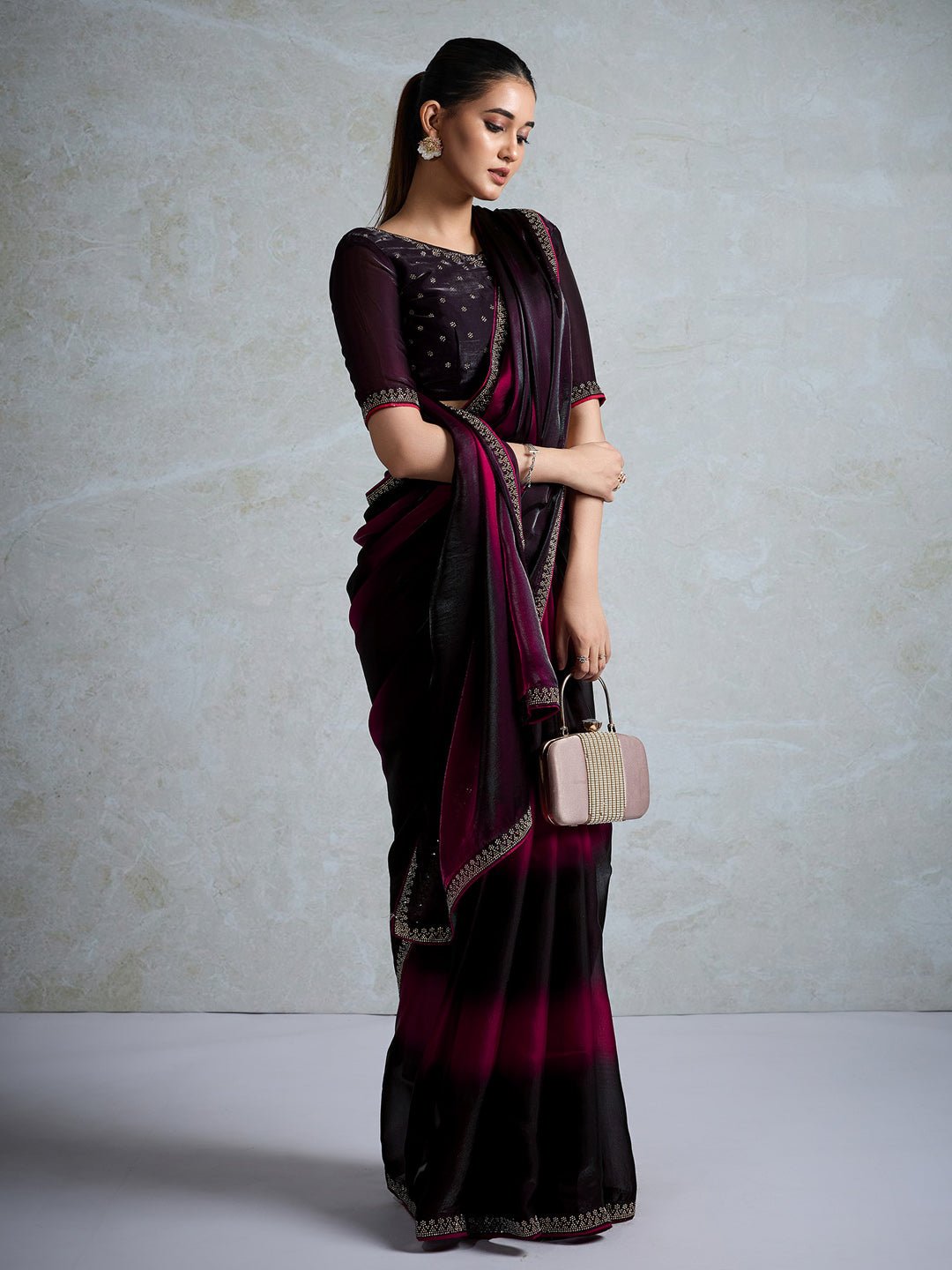 Black & Wine Polyester Ombre Dyed Embroidered Saree - Ressa
