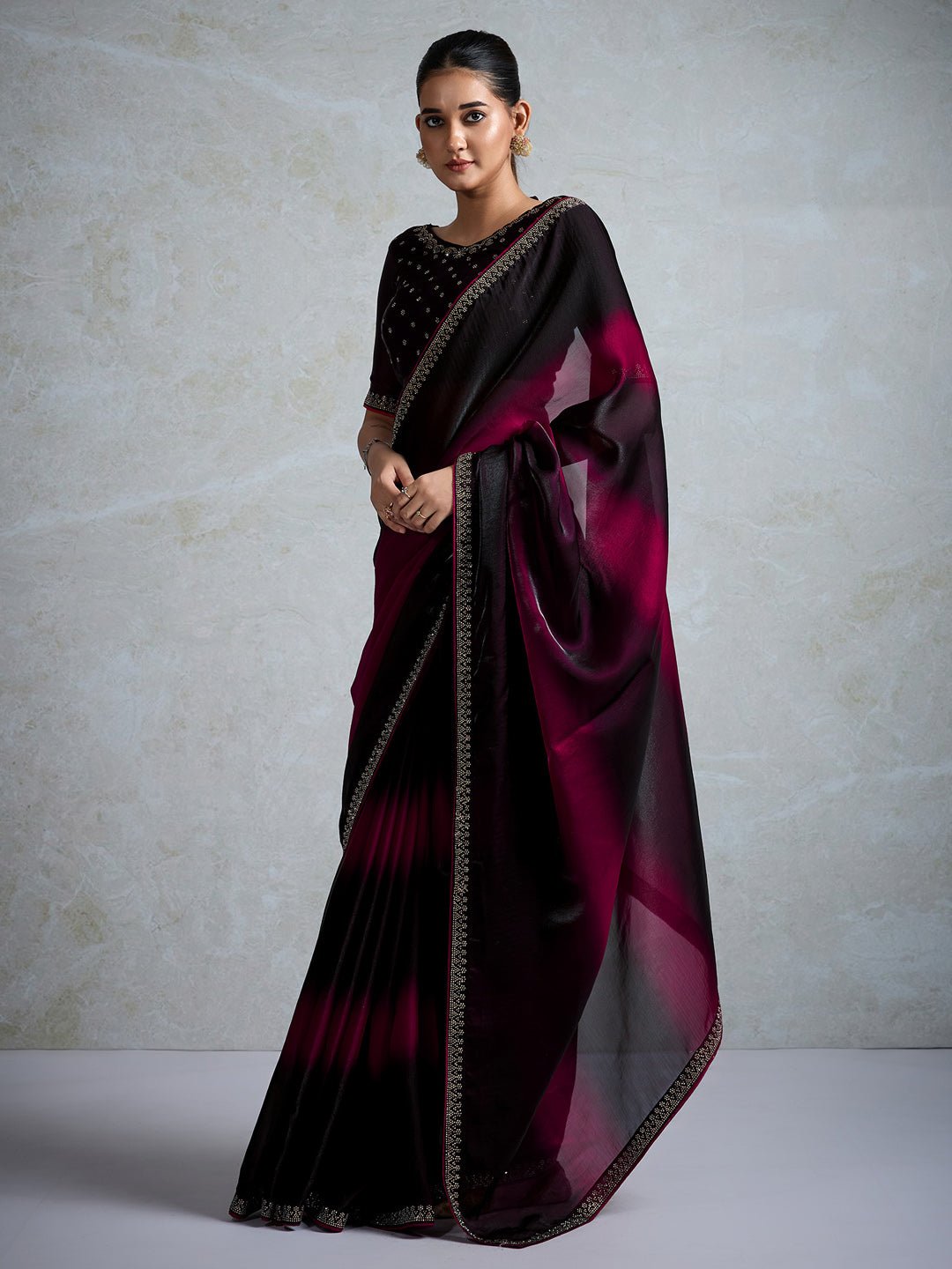 Black & Wine Polyester Ombre Dyed Embroidered Saree - Ressa