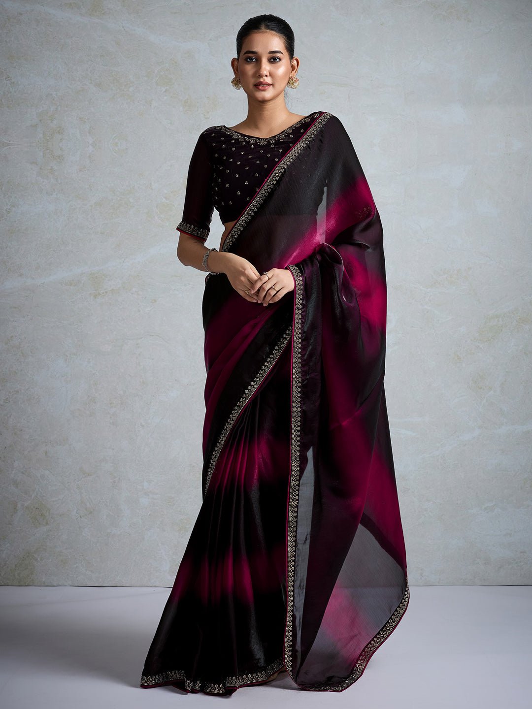 Black & Wine Polyester Ombre Dyed Embroidered Saree - Ressa