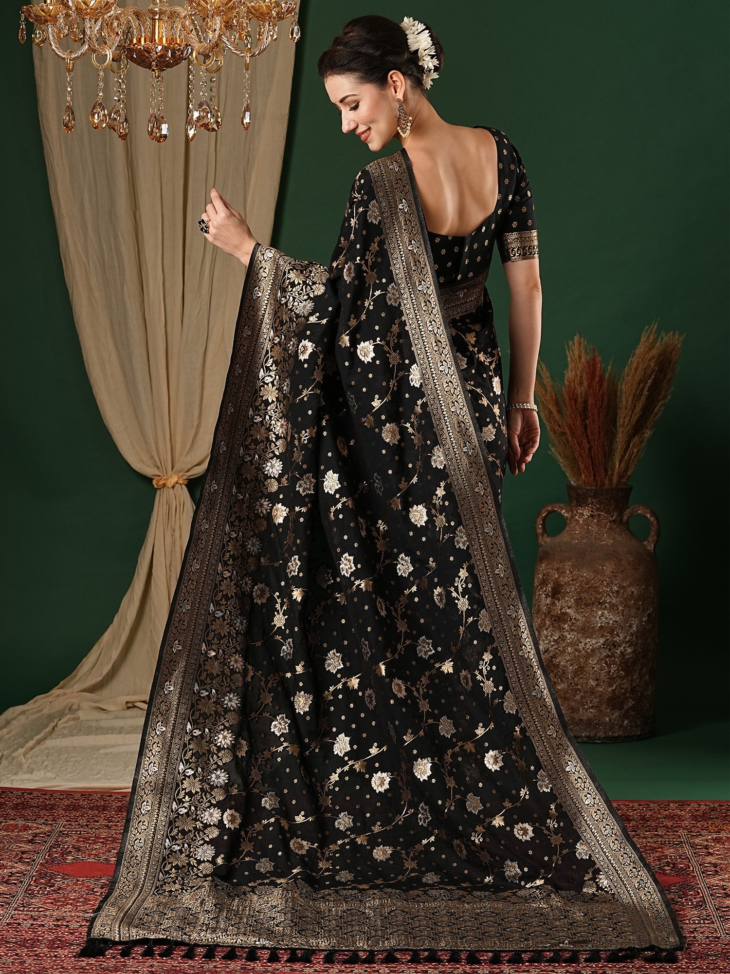 Black Zari Floral Silk Saree with Zari Border - Ressa