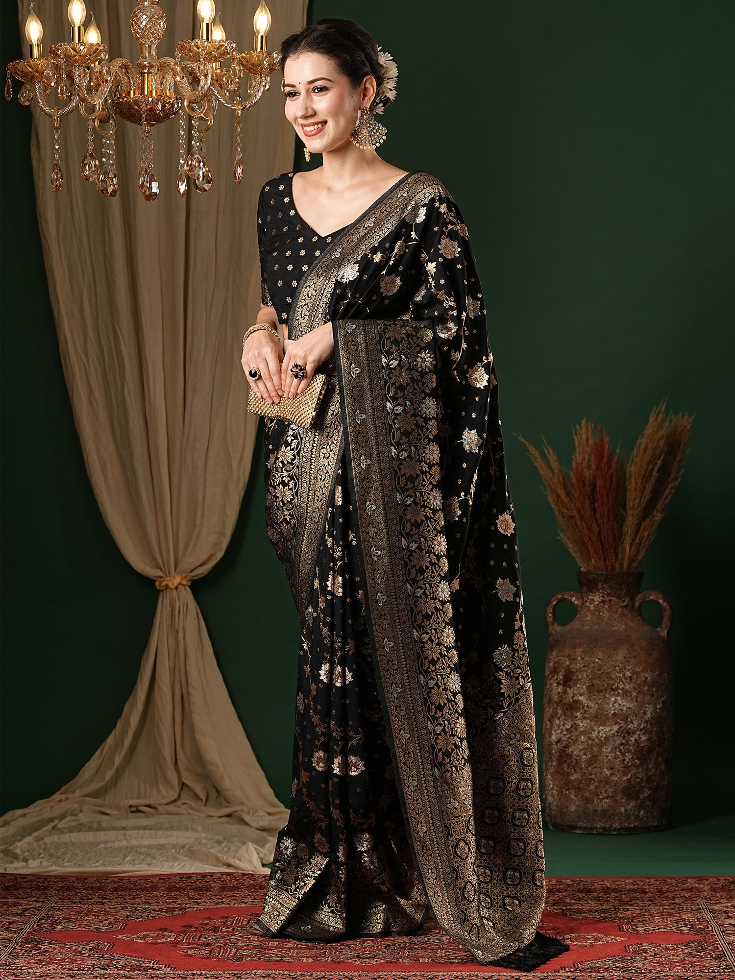 Black Zari Floral Silk Saree with Zari Border - Ressa
