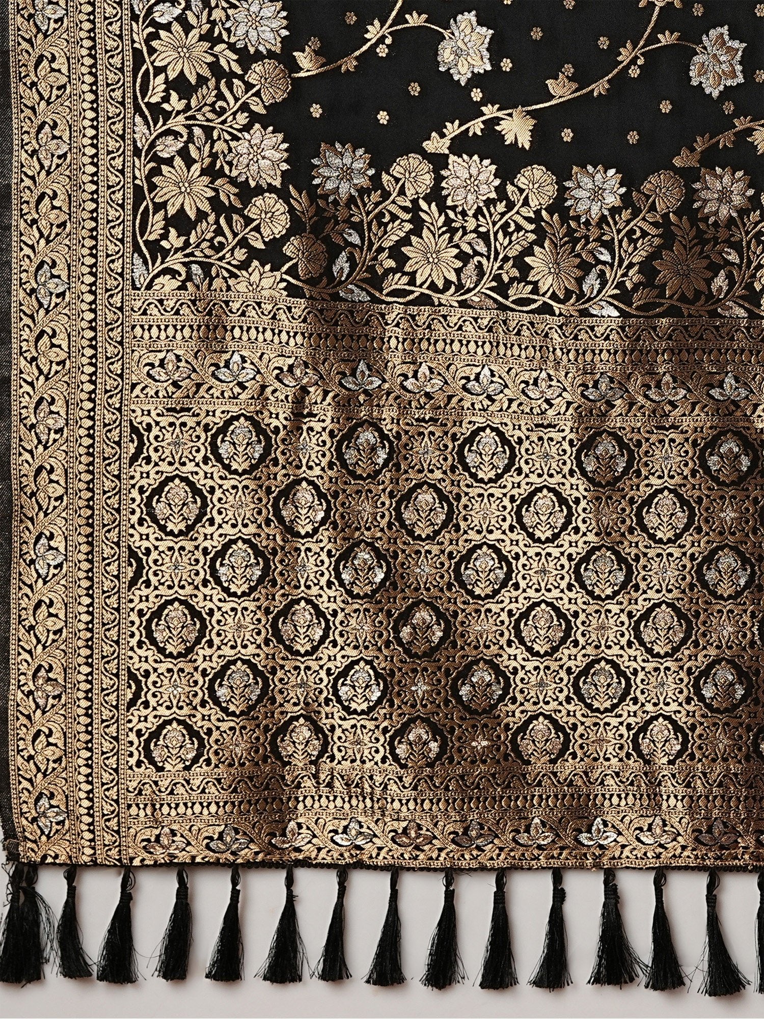 Black Zari Floral Silk Saree with Zari Border - Ressa