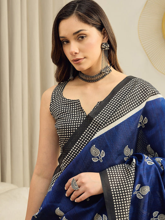 Blue Bhagalpuri Silk Block Printed Saree - Ressa