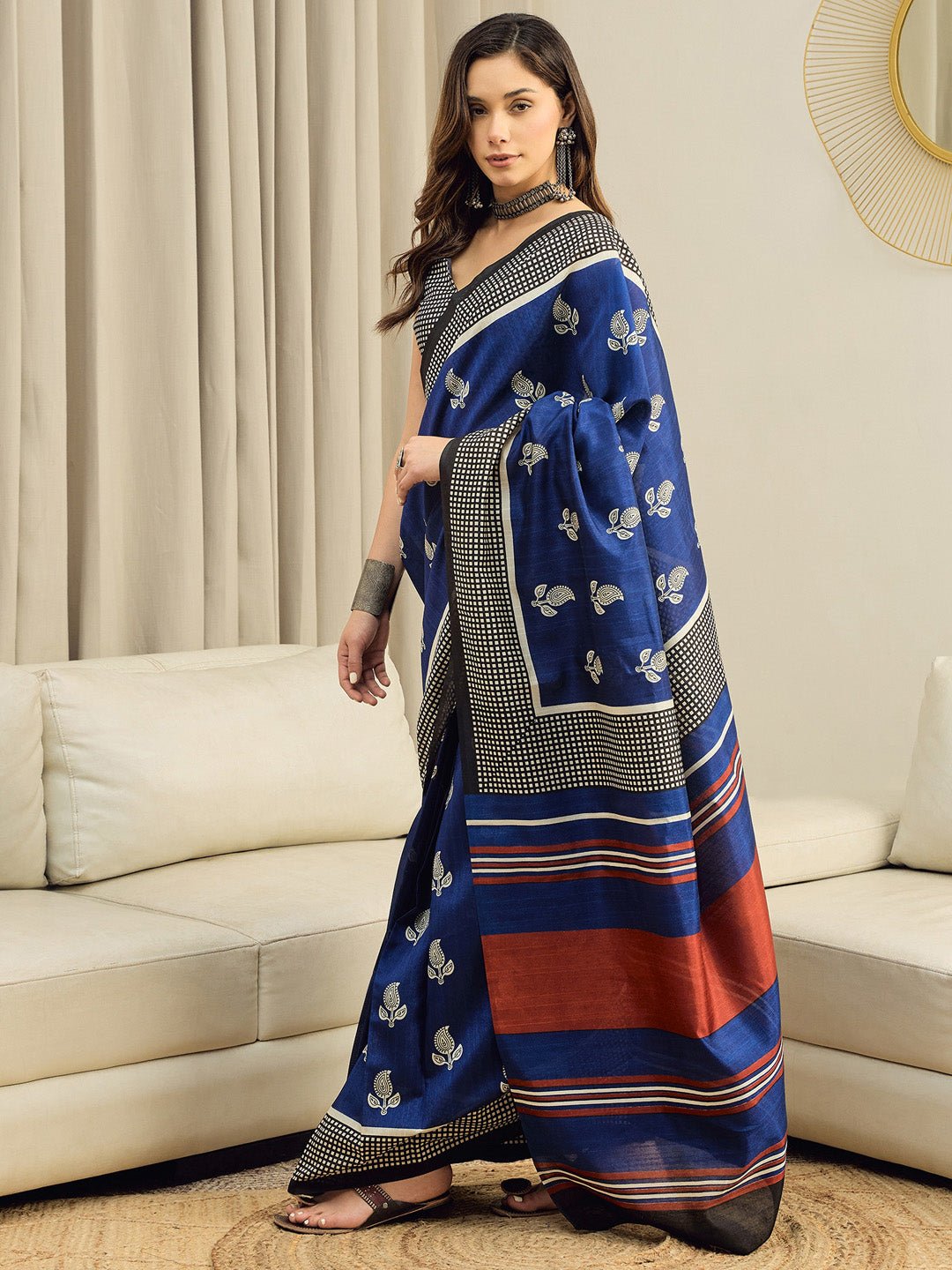 Blue Bhagalpuri Silk Block Printed Saree - Ressa