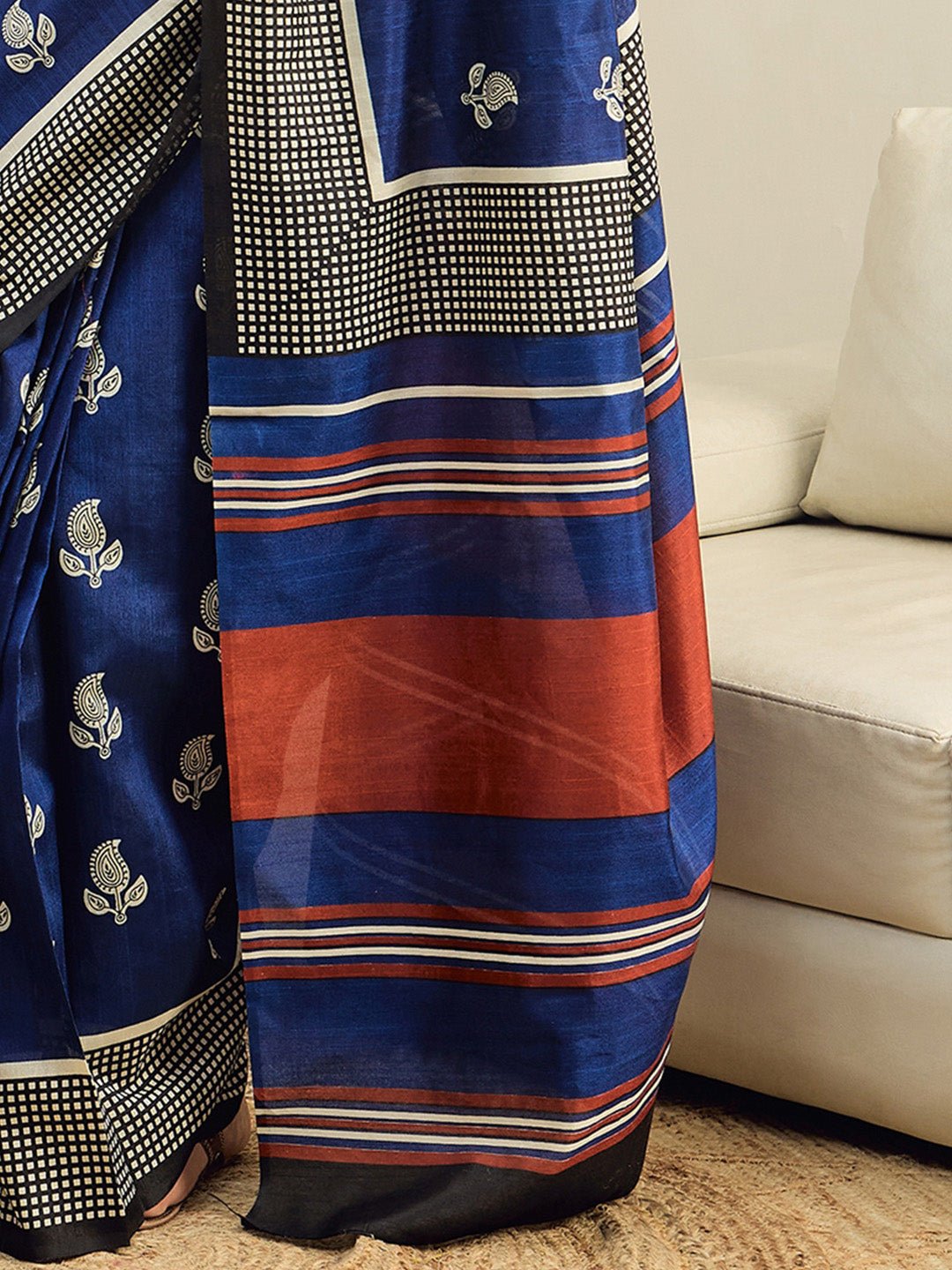 Blue Bhagalpuri Silk Block Printed Saree - Ressa