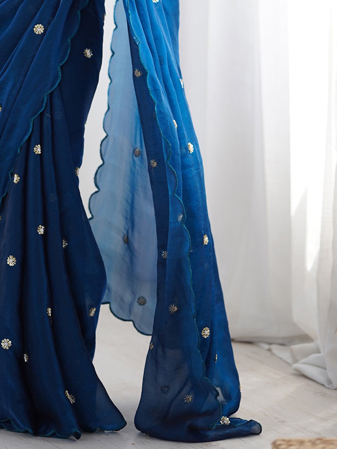 Blue Chiffon Sequin Embroidery Scalloped Saree - Ressa
