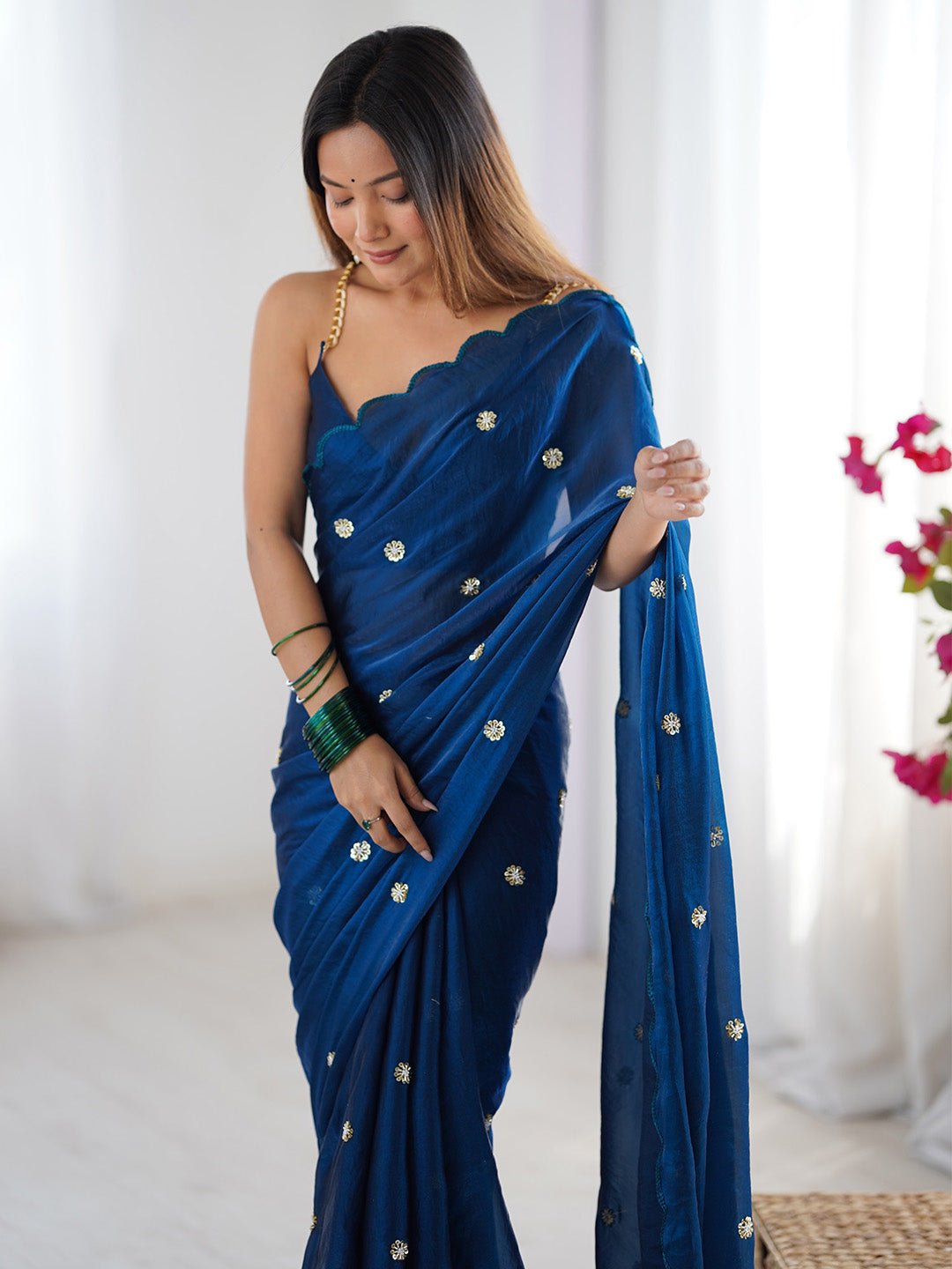 Blue Chiffon Sequin Embroidery Scalloped Saree - Ressa