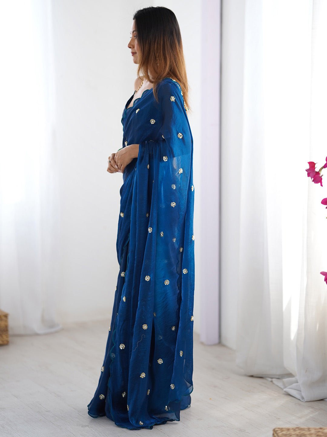 Blue Chiffon Sequin Embroidery Scalloped Saree - Ressa