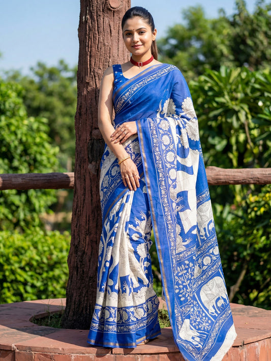 Blue Cotton Blend Saree - Ressa