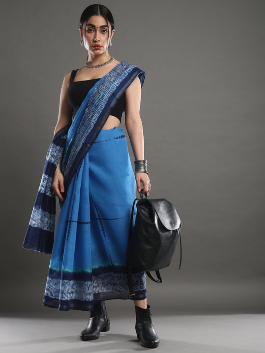 Blue Cotton Blend Saree - Ressa