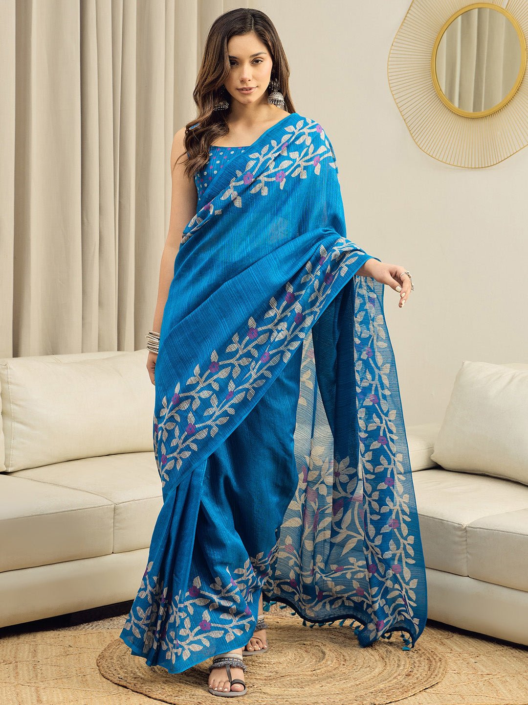 Blue Cotton Slub Floral Printed Saree - Ressa