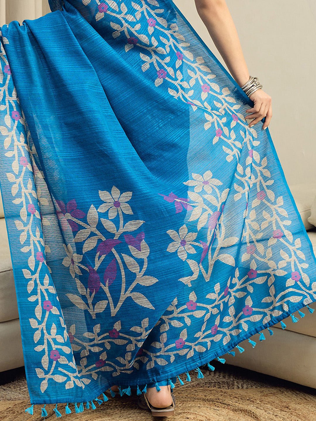 Blue Cotton Slub Floral Printed Saree - Ressa