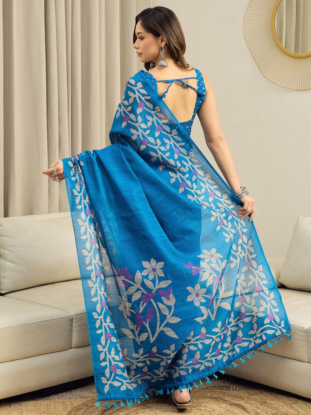 Blue Cotton Slub Floral Printed Saree - Ressa