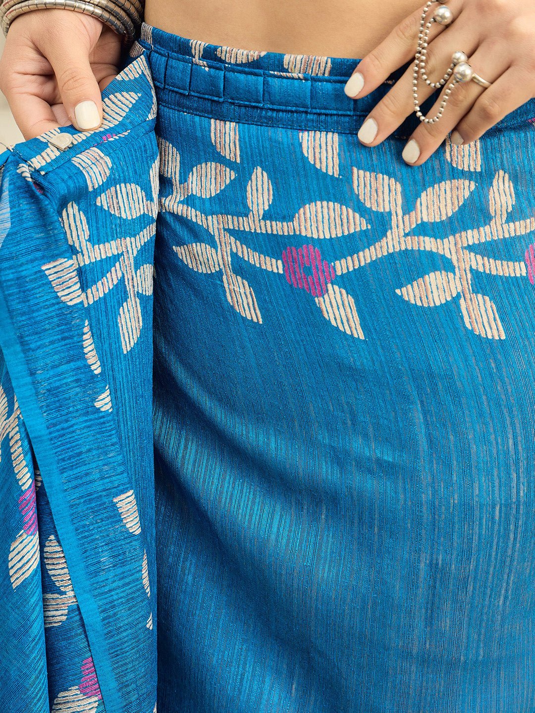 Blue Cotton Slub Floral Printed Saree - Ressa