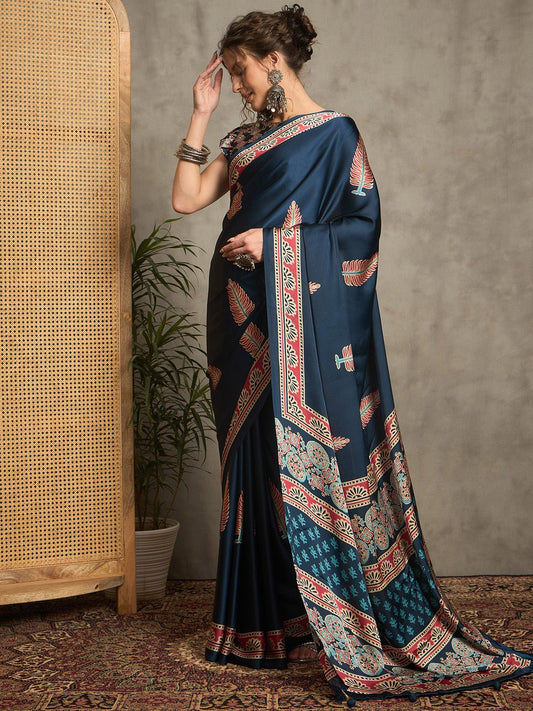 Blue Crepe Printed Saree - Ressa
