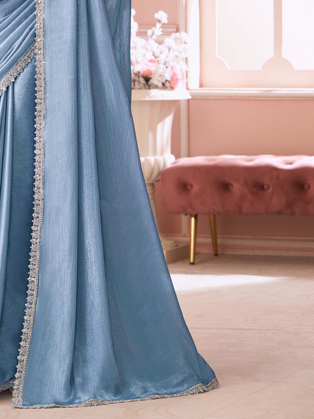 Blue Embellished Sequinned Pure Chiffon Saree - Ressa