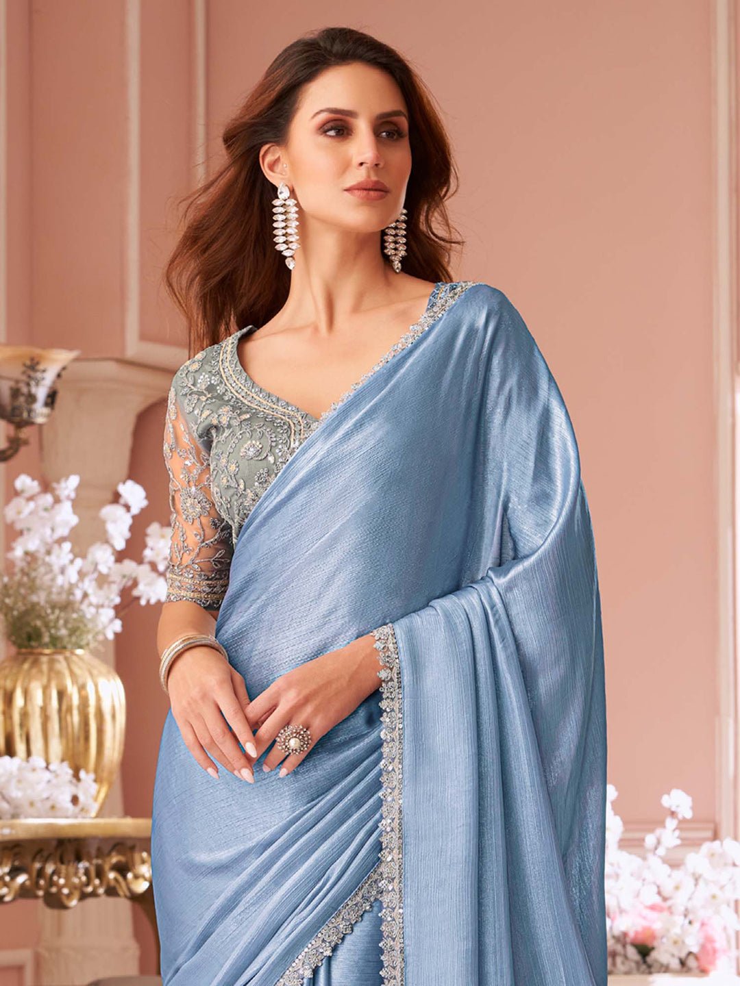 Blue Embellished Sequinned Pure Chiffon Saree - Ressa