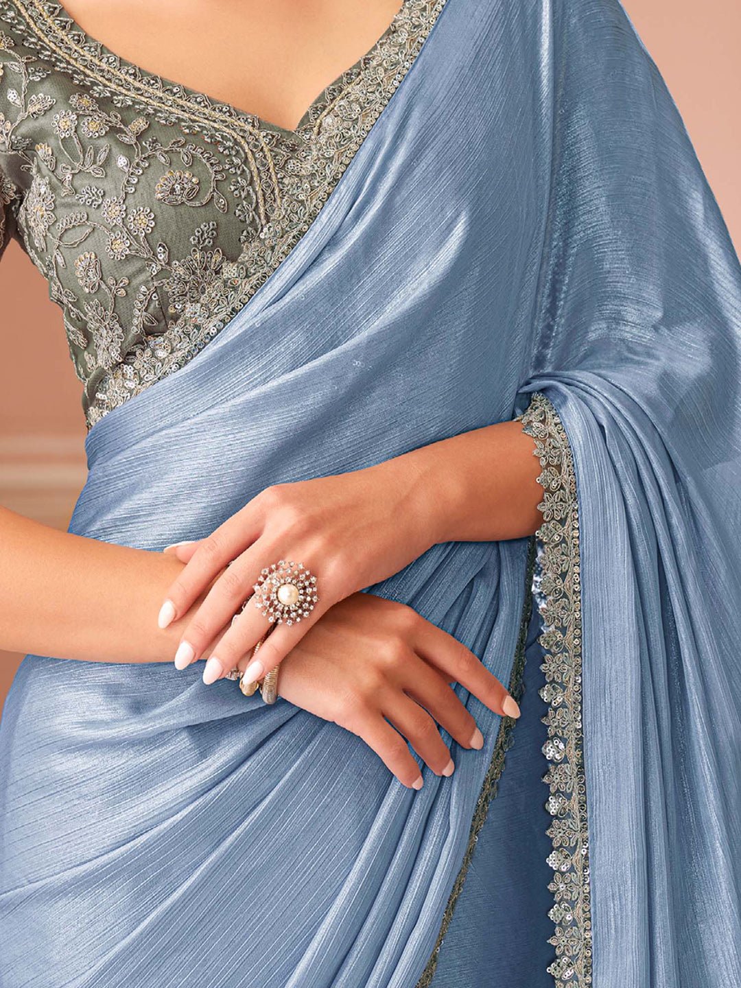 Blue Embellished Sequinned Pure Chiffon Saree - Ressa