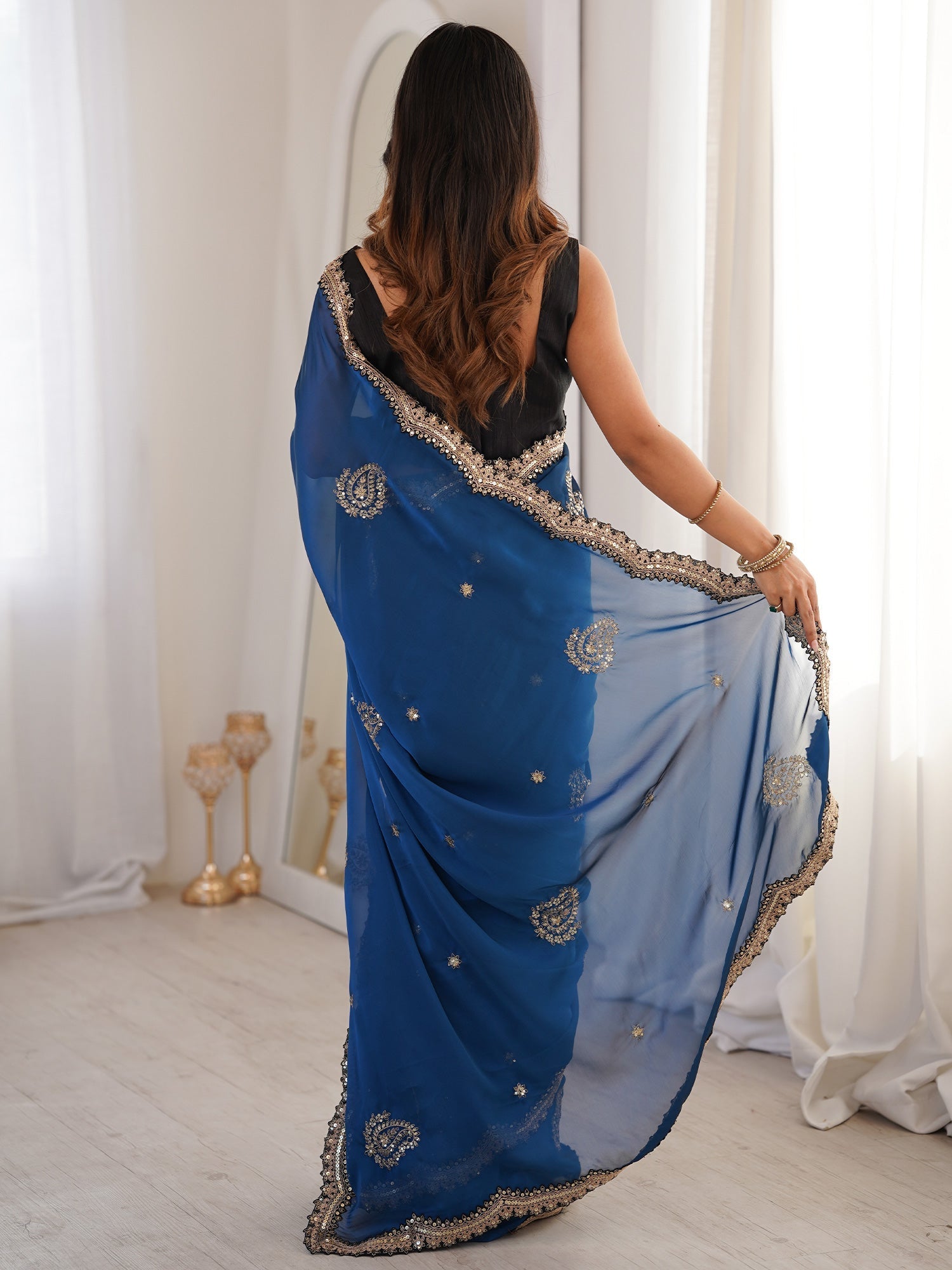 Blue Georgette Embroidered Saree with Blouse - Ressa