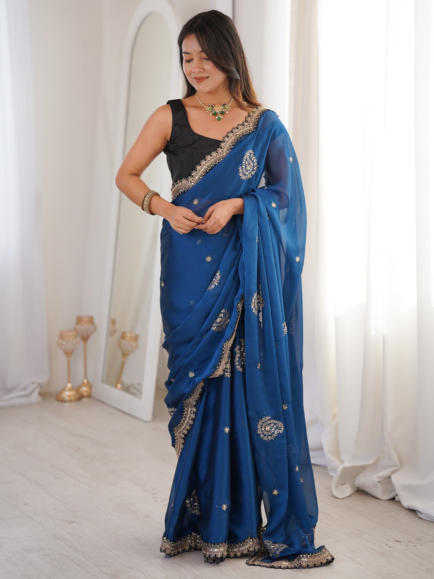 Blue Georgette Embroidered Saree with Blouse - Ressa