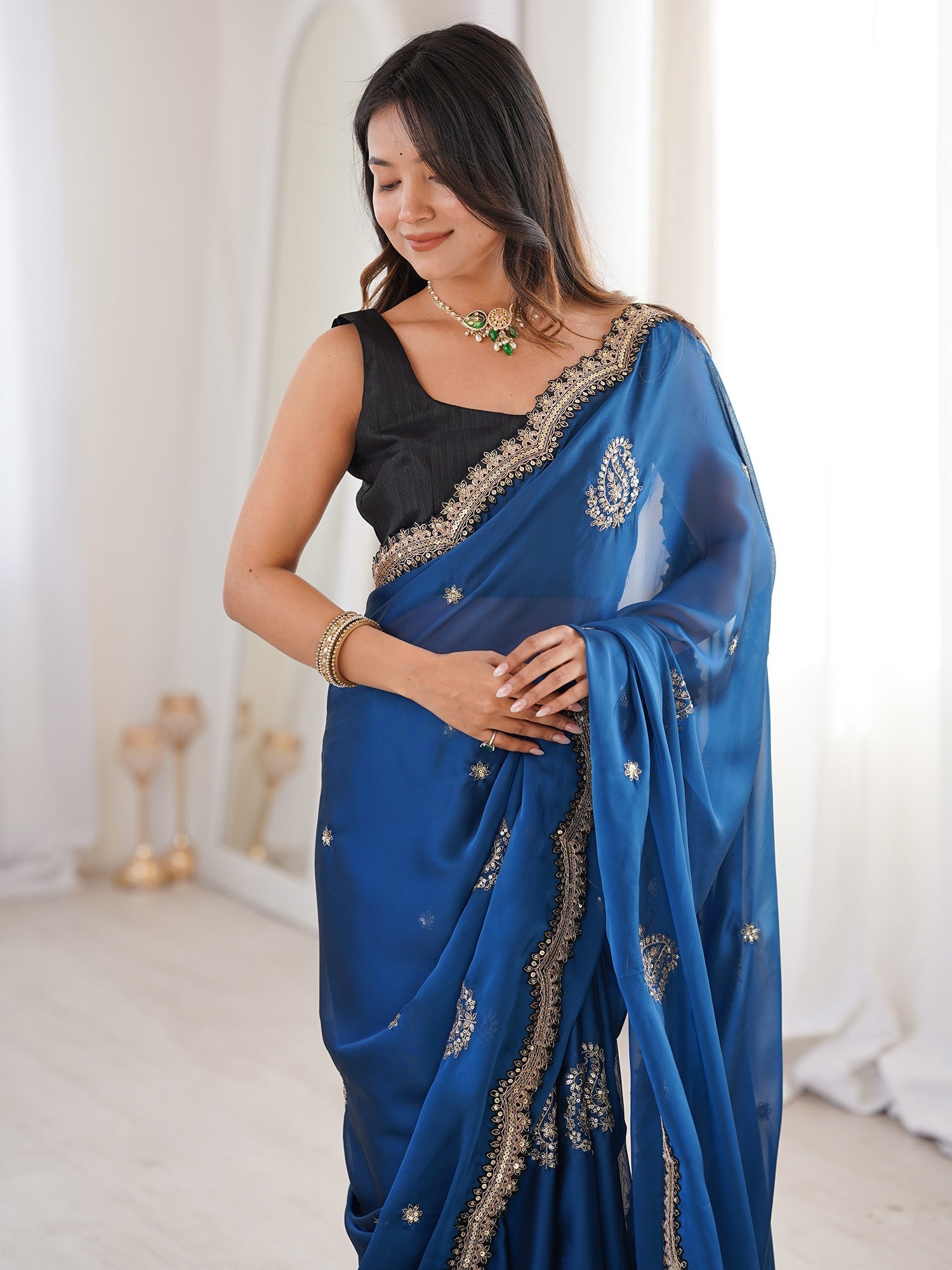 Blue Georgette Embroidered Saree with Blouse - Ressa