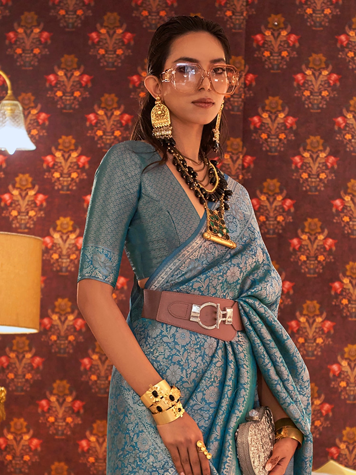 Blue & Gold-Toned Woven Zari Banarasi Saree - Ressa