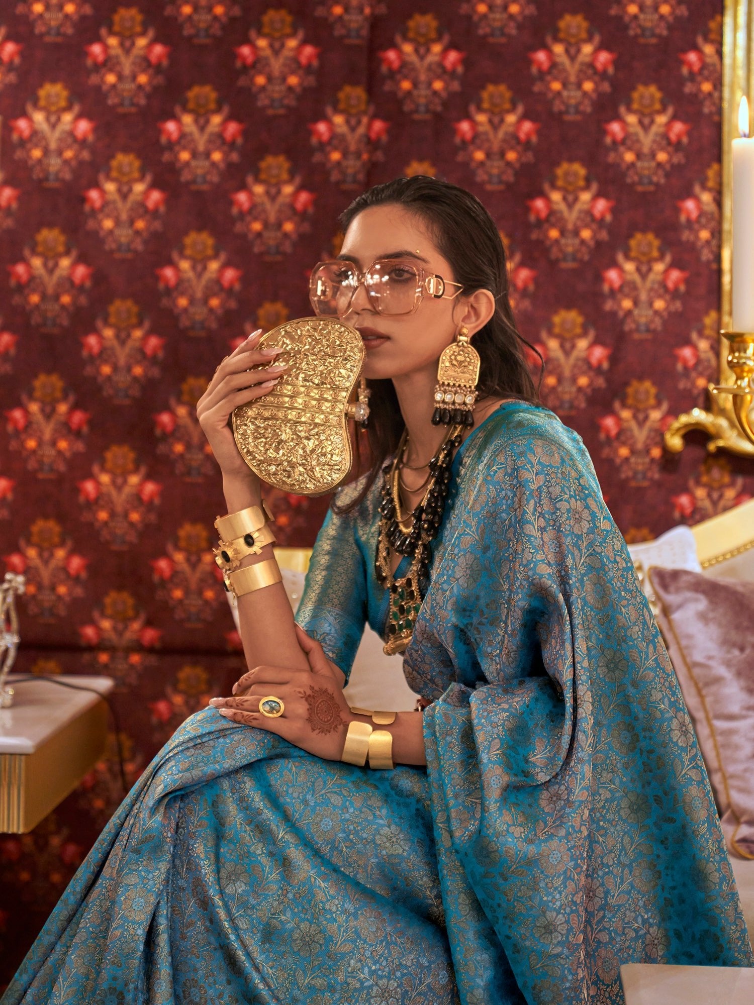 Blue & Gold-Toned Woven Zari Banarasi Saree - Ressa