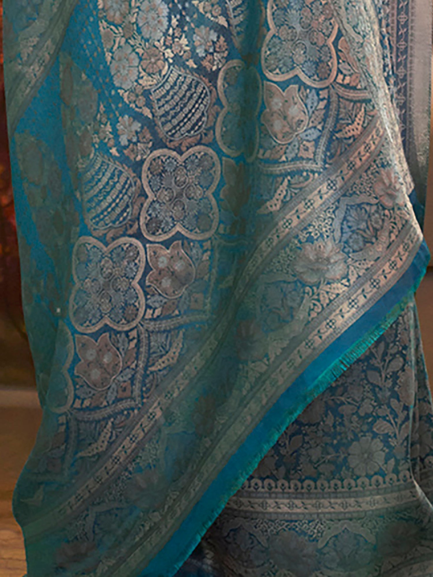 Blue & Gold-Toned Woven Zari Banarasi Saree - Ressa