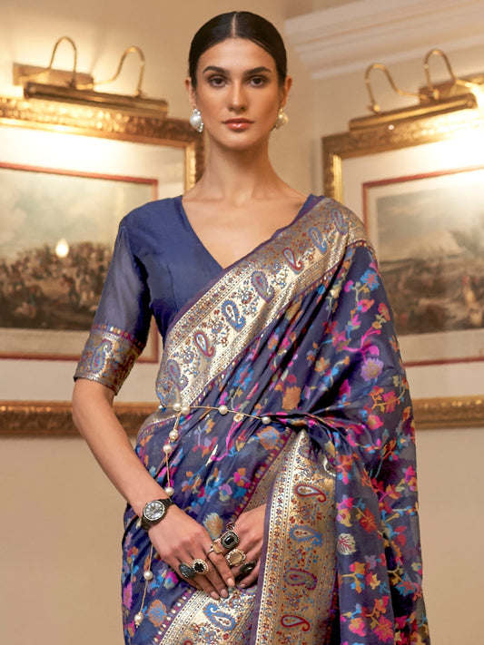 Blue Kashmiri Silk Saree with Flower Motif - Ressa