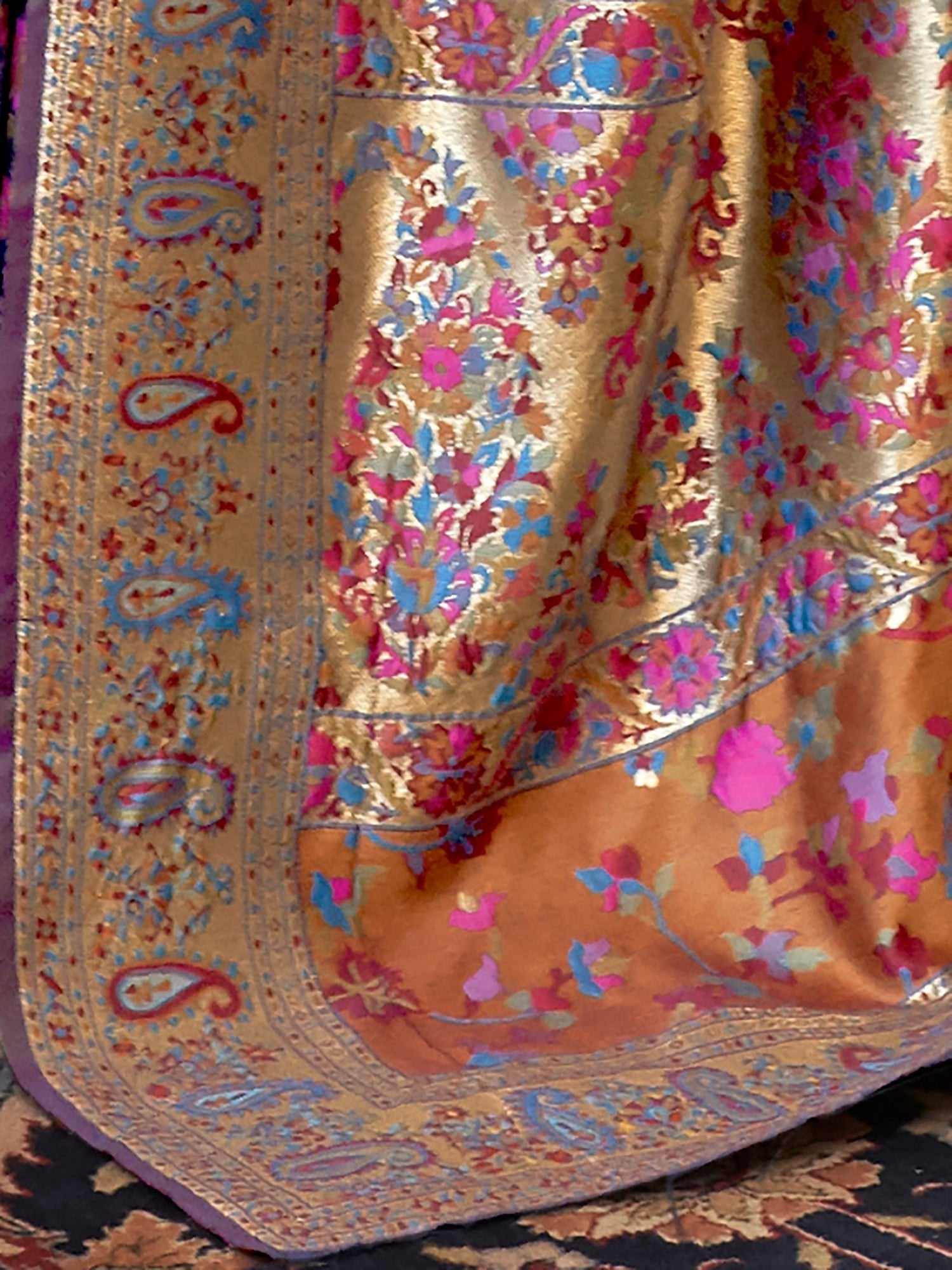 Blue Kashmiri Silk Saree with Flower Motif - Ressa