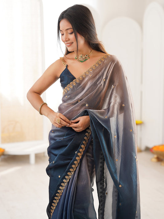 Blue Ombre Embellished Zari Tissue Saree - Ressa