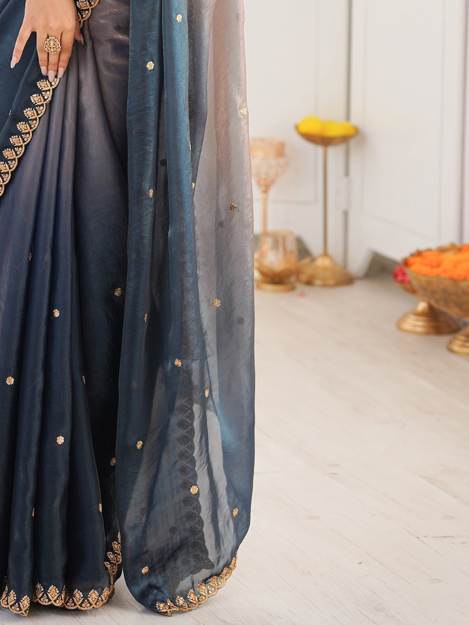 Blue Ombre Embellished Zari Tissue Saree - Ressa