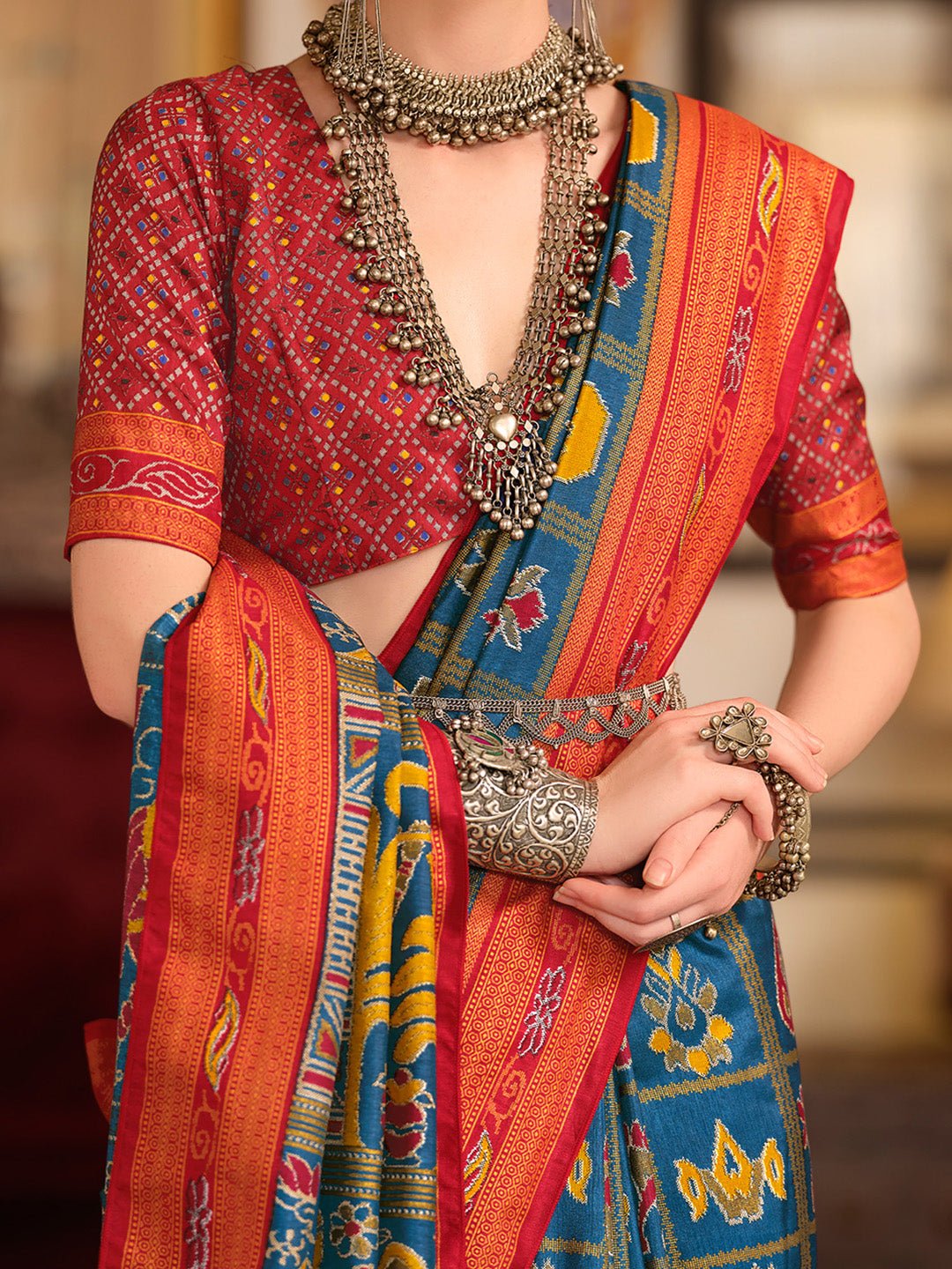 Blue Patola Print Silk Blend Saree - Ressa