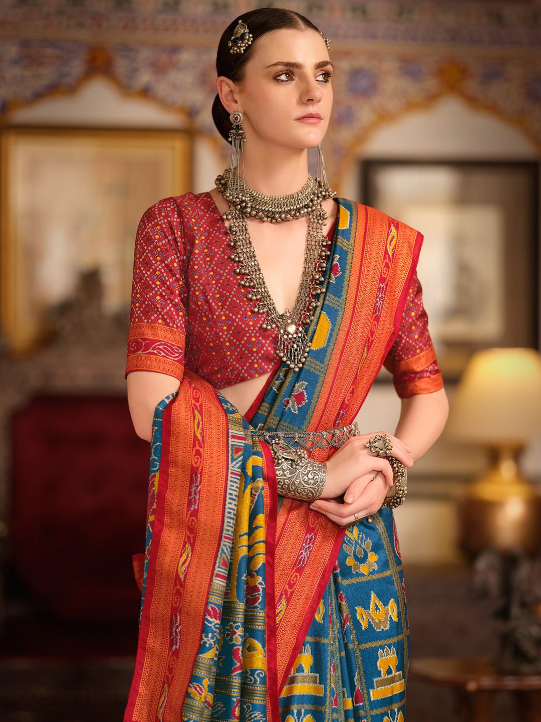 Blue Patola Print Silk Blend Saree - Ressa