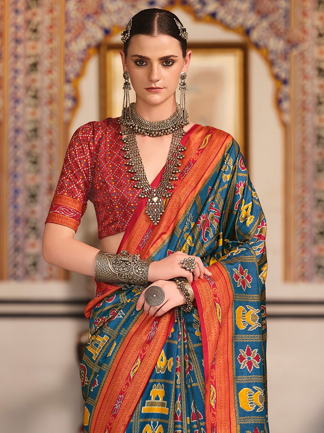Blue Patola Print Silk Blend Saree - Ressa