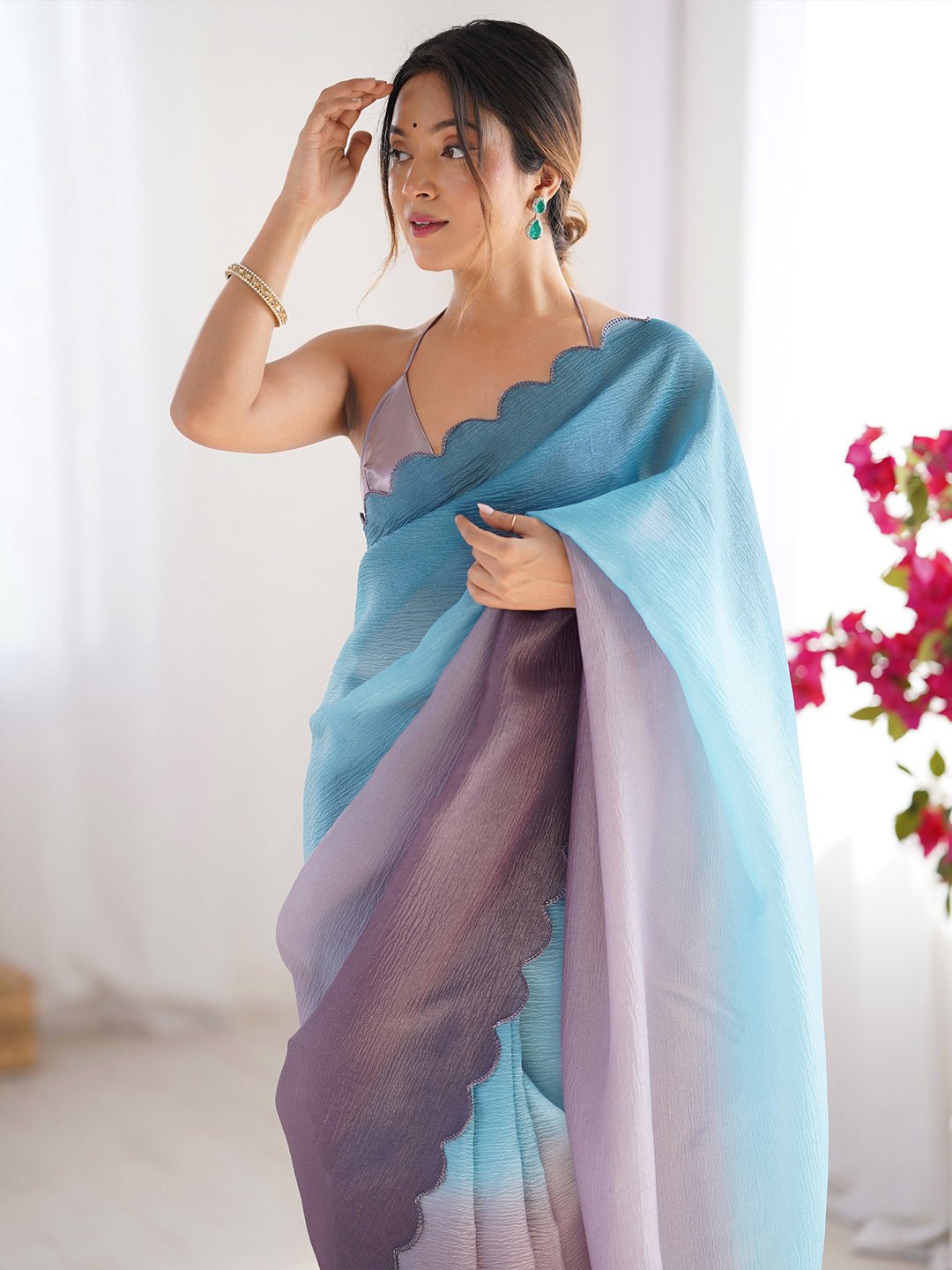 Blue Purple : Ombre Organza : Scalloped Border : Designer Blouse Saree - Ressa