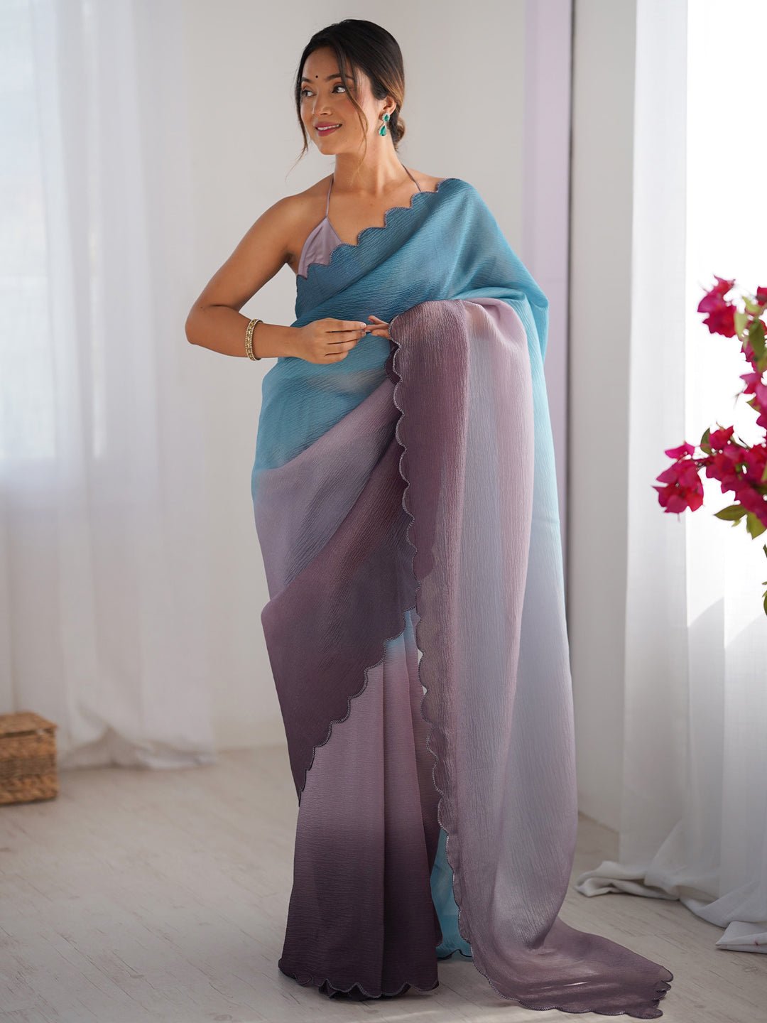 Blue Purple : Ombre Organza : Scalloped Border : Designer Blouse Saree - Ressa