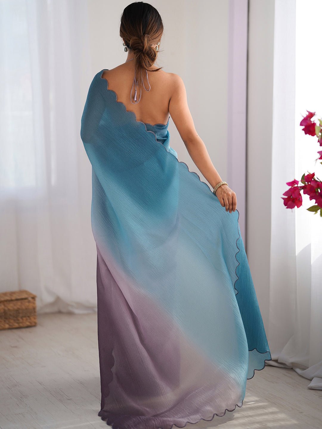 Blue Purple : Ombre Organza : Scalloped Border : Designer Blouse Saree - Ressa