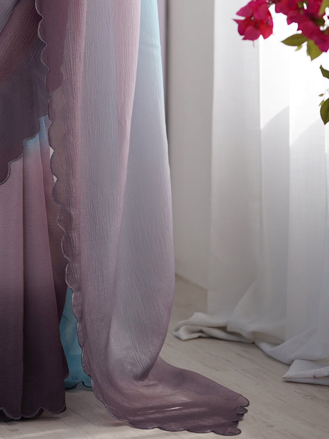 Blue Purple : Ombre Organza : Scalloped Border : Designer Blouse Saree - Ressa
