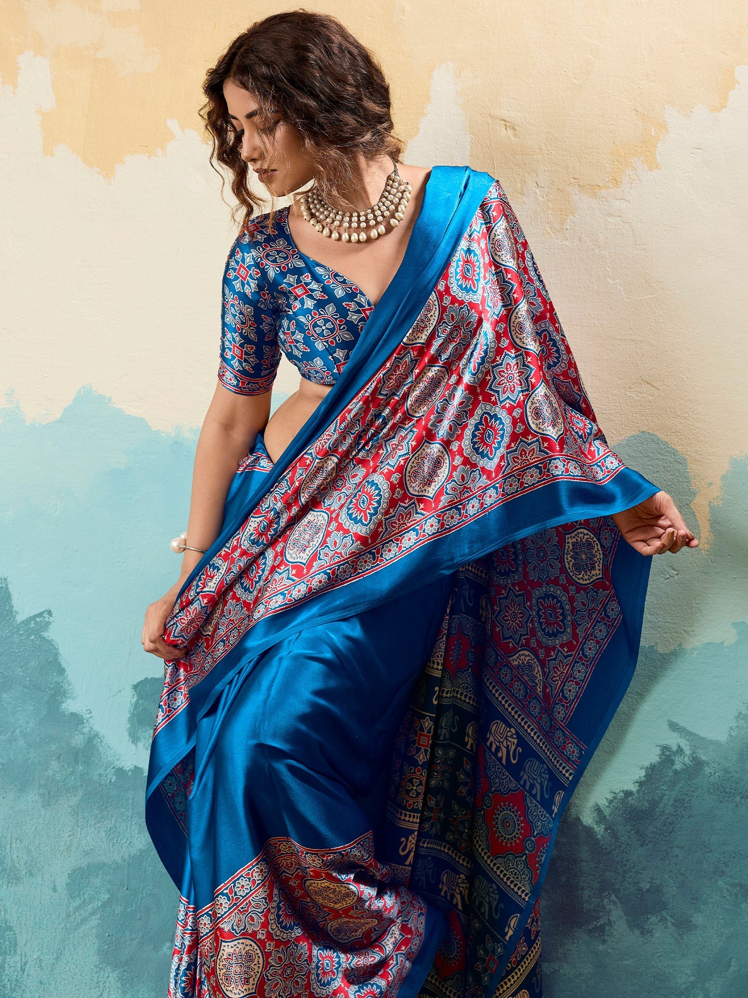 Blue Satin Ajrakh Printed Saree - Ressa