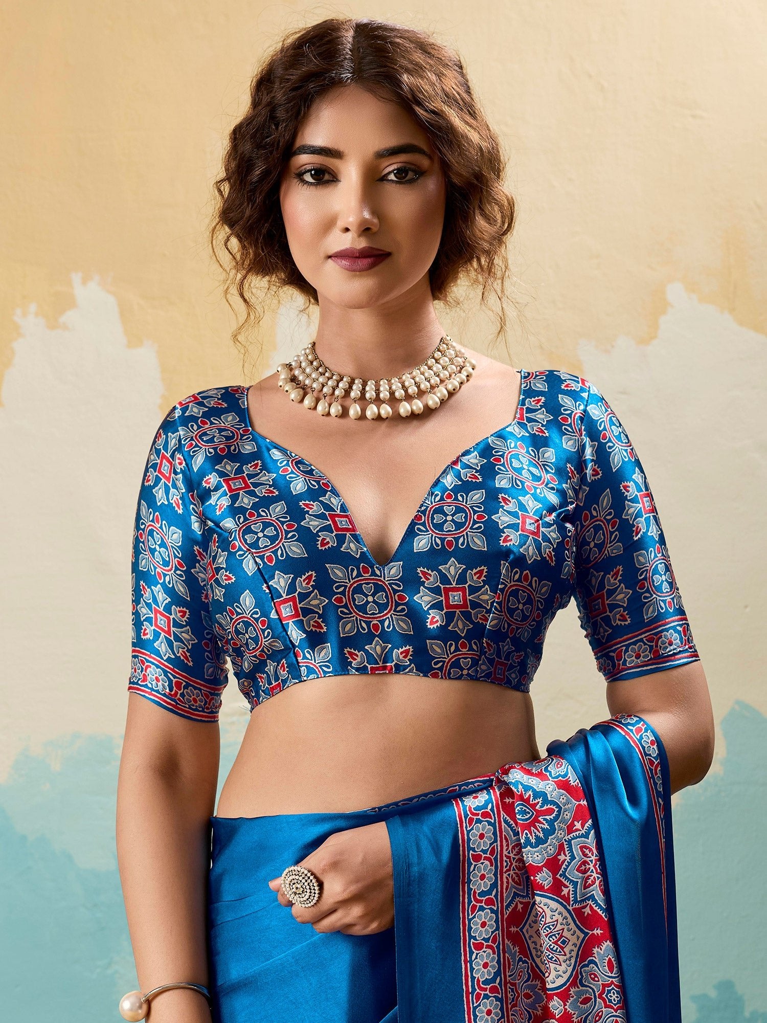 Blue Satin Ajrakh Printed Saree - Ressa