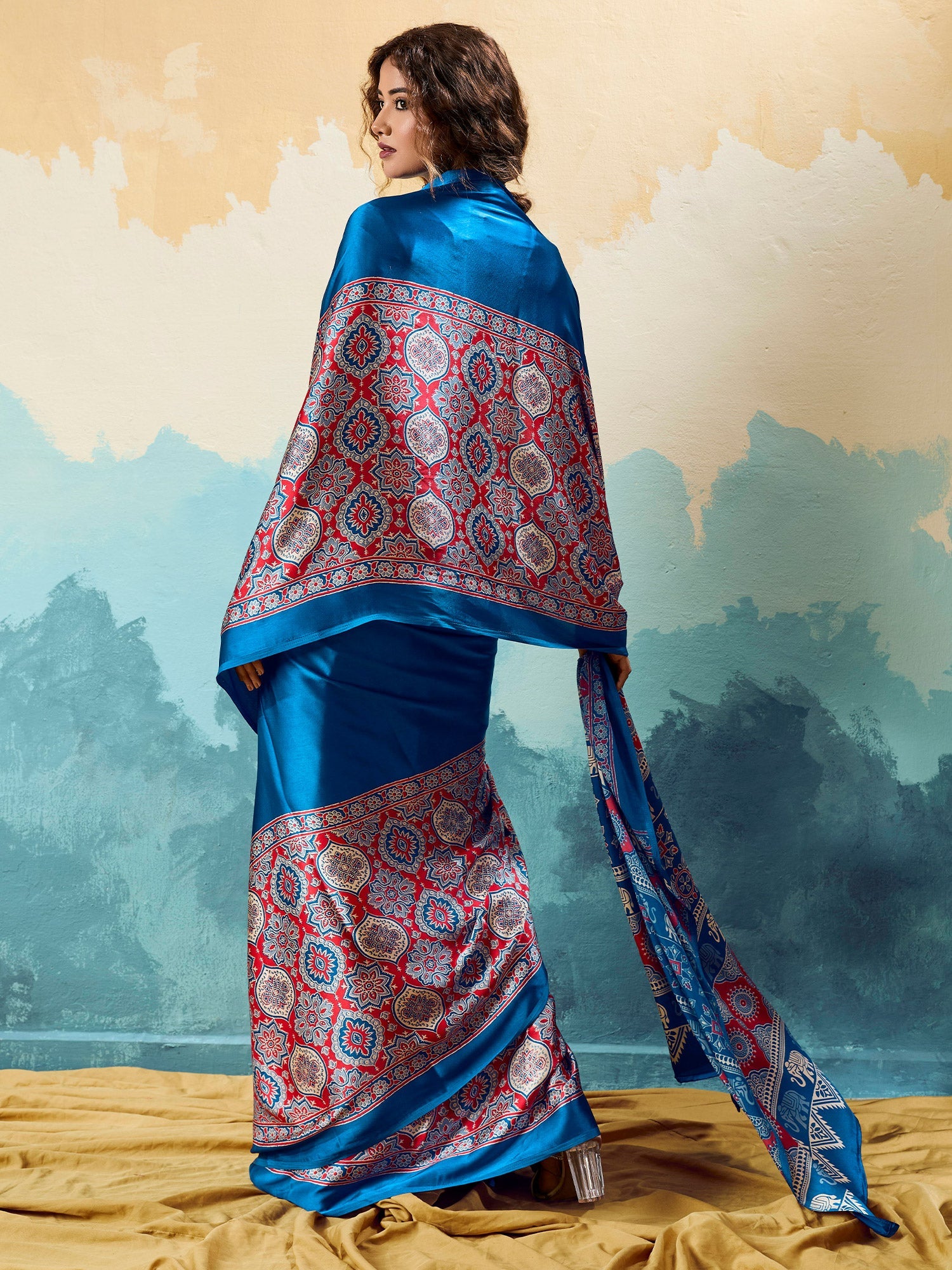 Blue Satin Ajrakh Printed Saree - Ressa