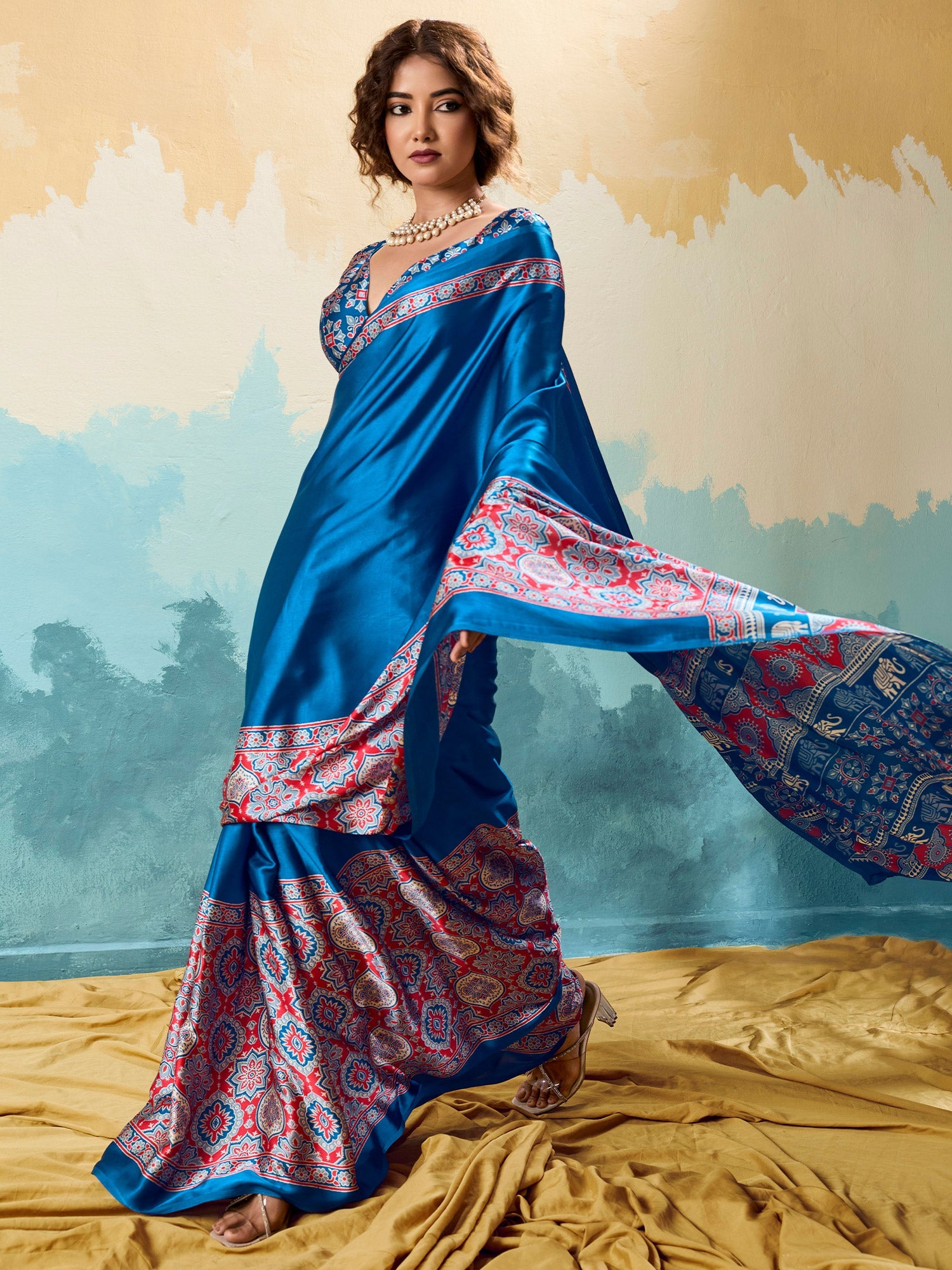 Blue Satin Ajrakh Printed Saree - Ressa