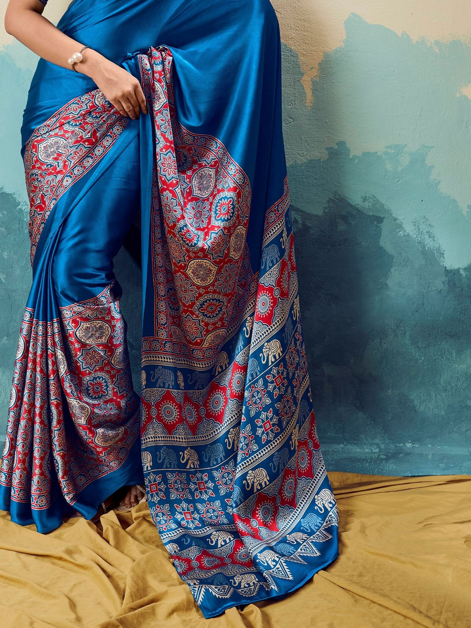 Blue Satin Ajrakh Printed Saree - Ressa