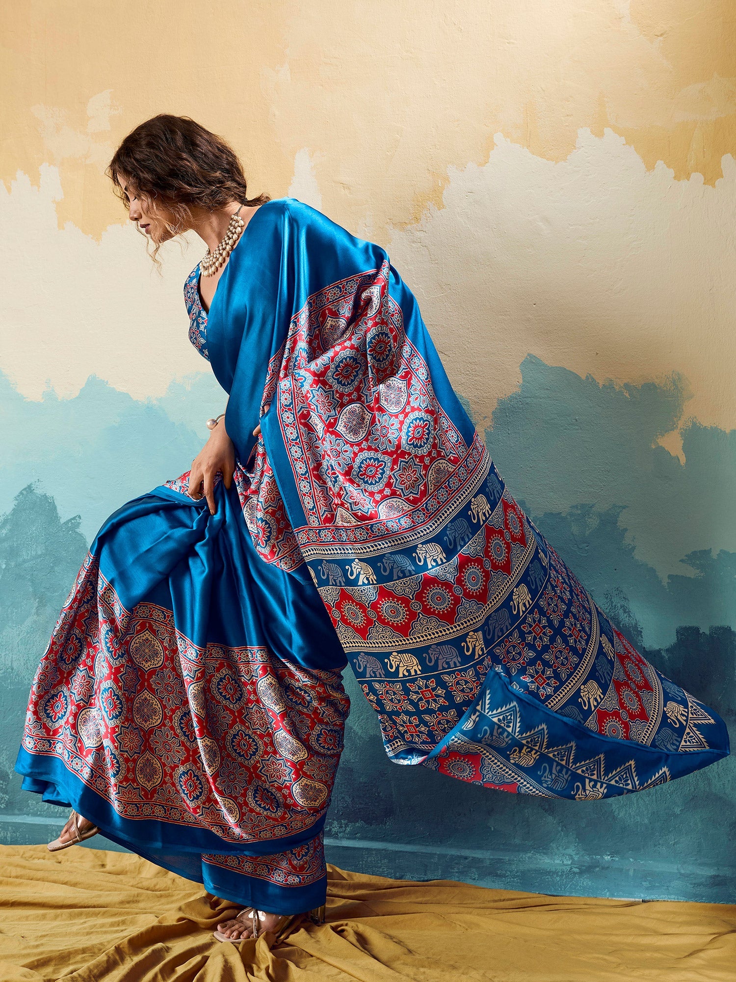 Blue Satin Ajrakh Printed Saree - Ressa