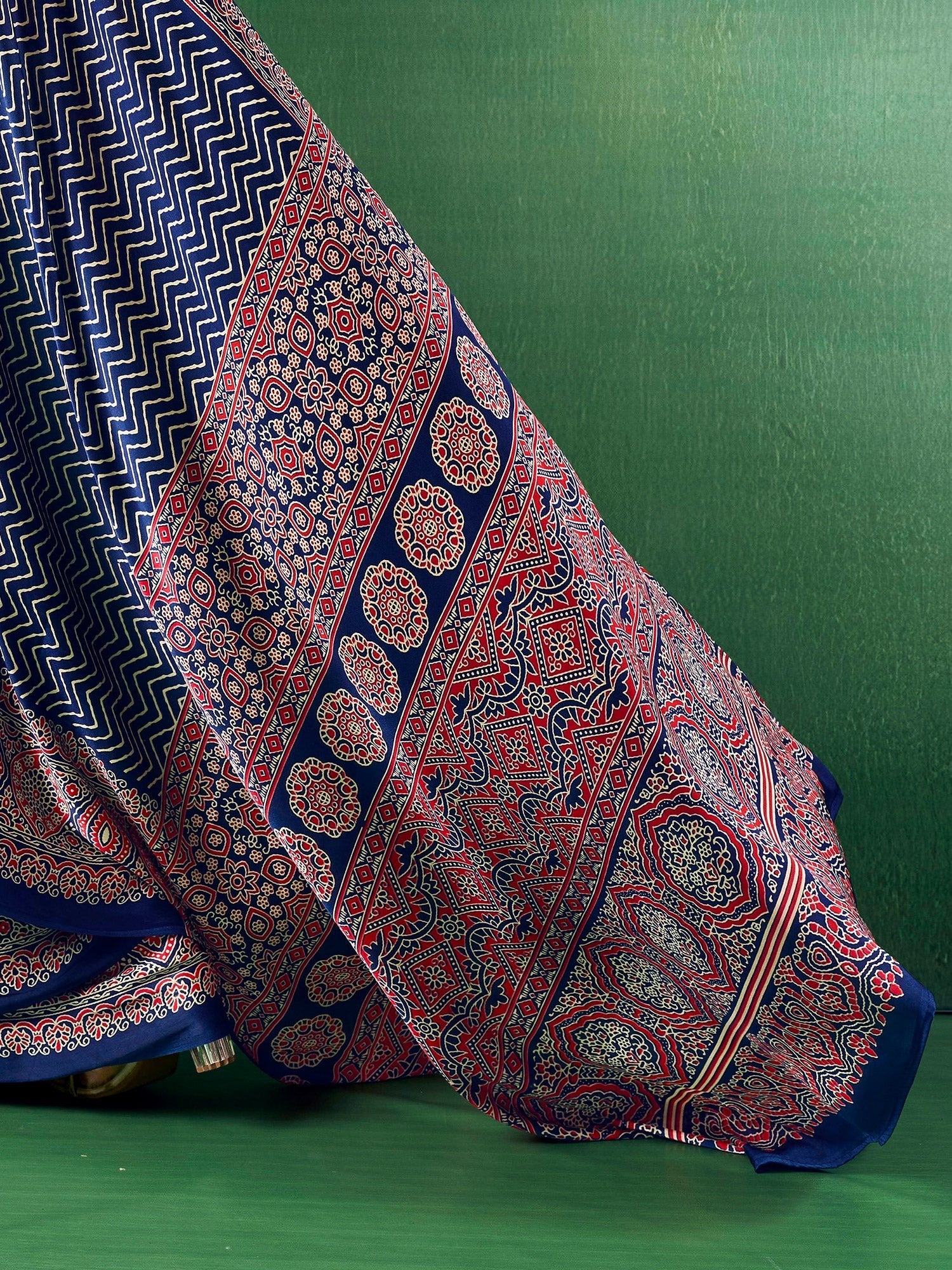 Blue Satin Block Print Saree - Ressa