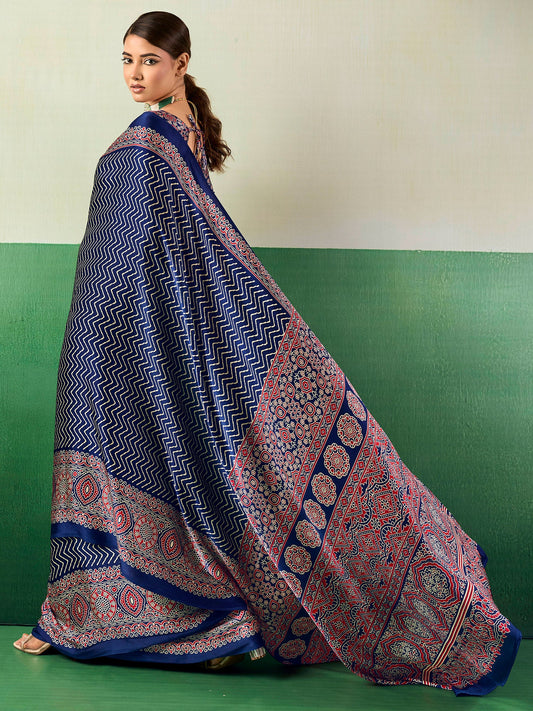 Blue Satin Block Print Saree - Ressa