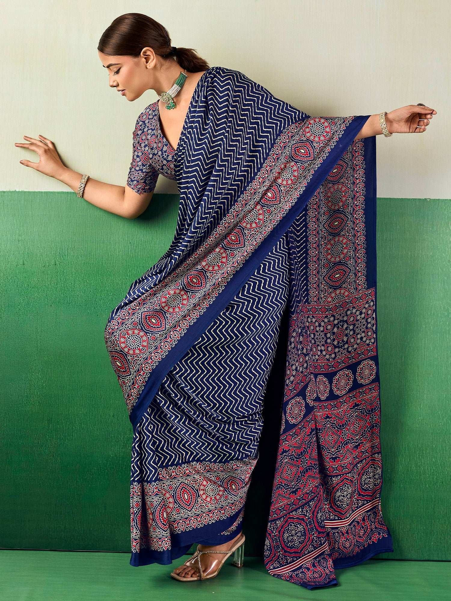 Blue Satin Block Print Saree - Ressa