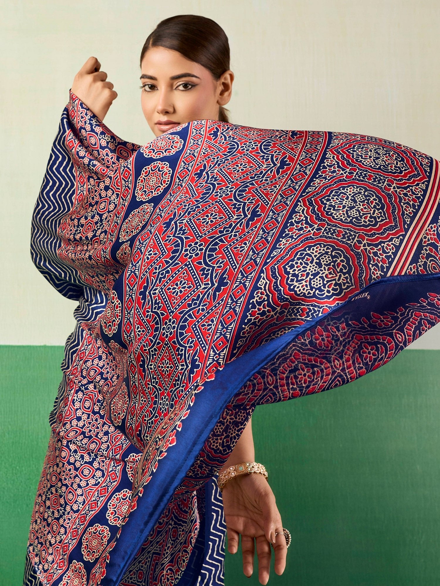 Blue Satin Block Print Saree - Ressa