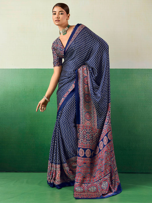 Blue Satin Block Print Saree - Ressa